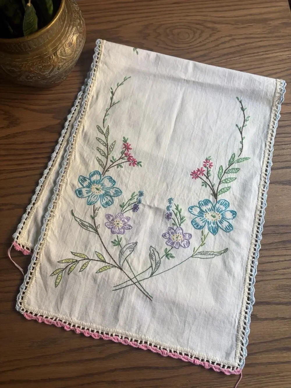 Vintage Hand Embroidery Table Runner Floral Embroidered Cotton Runner 42 X 16”